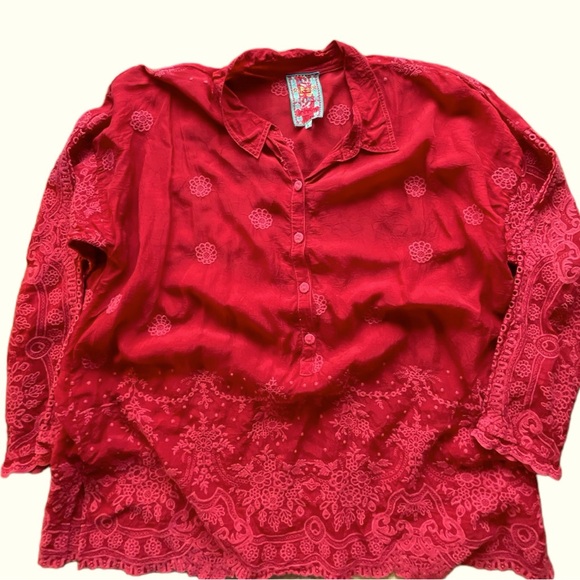 Johnny Was Red Embroidered Longsleeved Collared Top Blouse - Picture 8 of 12